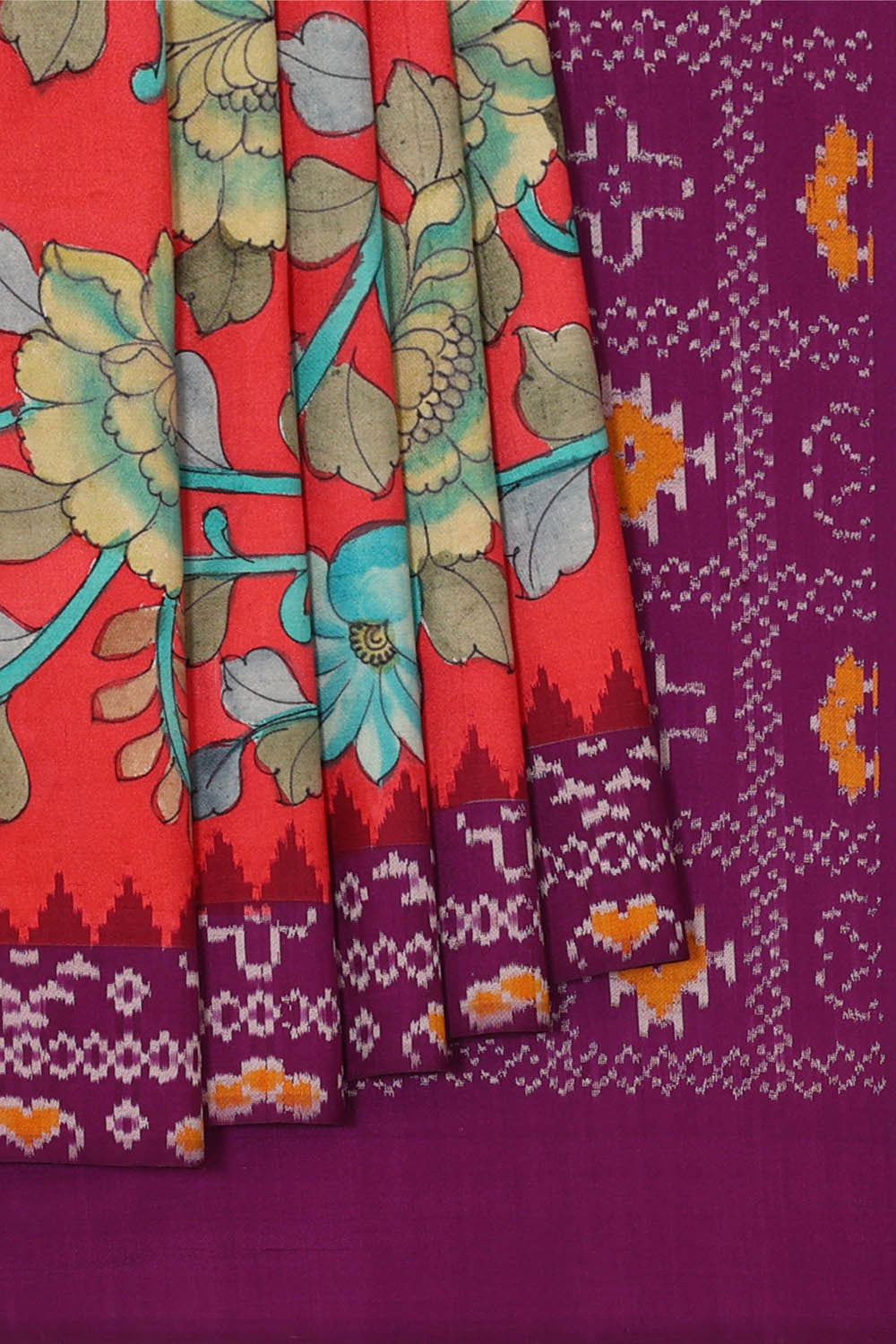 Image of Printed Kalamkari Red Saree